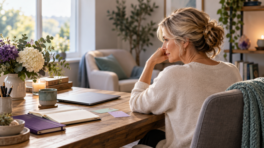 A thoughtful midlife professional pausing at her desk after a demanding week.